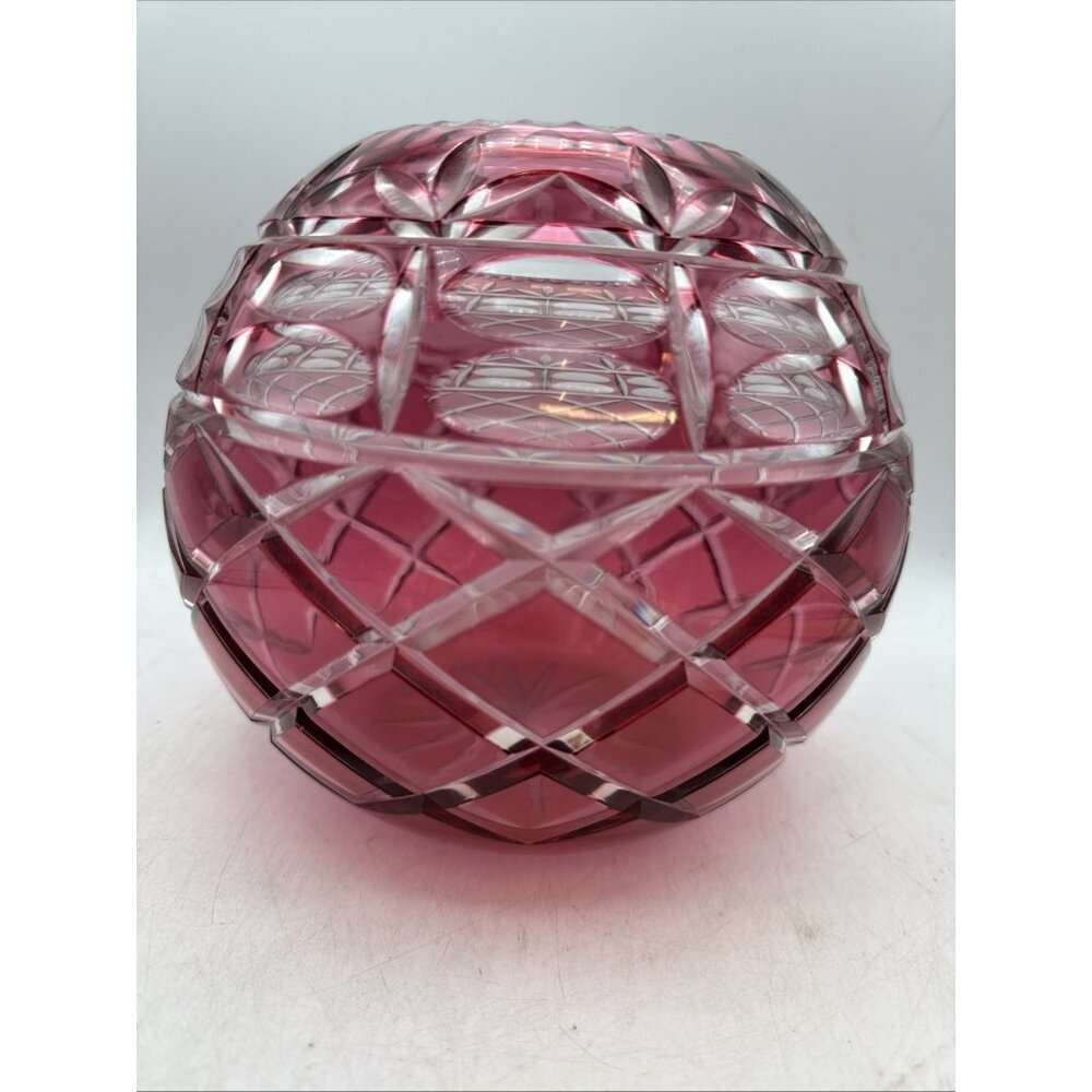 Cut Crystal Glass Cranberry Red Vase Bowl 8 Inch Vintage